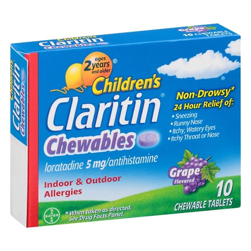 Image for Claritin Allergies, Indoor & Outdoor, 5 mg, Grape Flavor, Chewable Tablets,10ea from EAST BERLIN PHARMACY