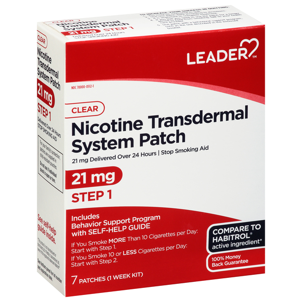 Image for Leader Stop Smoking Aid, 21 mg, Step 1, Patch, Clear, 7ea from EAST BERLIN PHARMACY